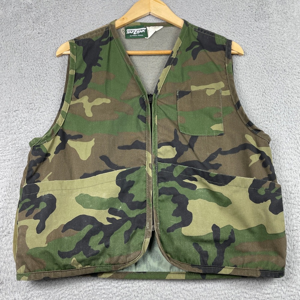 Vintage Saf-T-Bak Hunting‎ Vest Men Medium Camo Game Bag Utility Pockets 80s